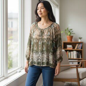 Willi Smith Printed Boho Peasant Blouse XL